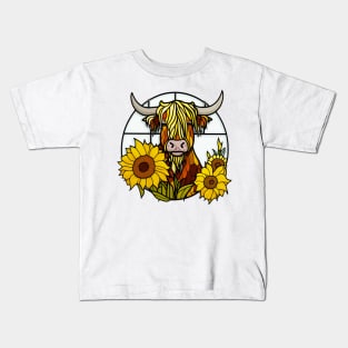 Sunflower Stained Glass Highland Cow #2 Kids T-Shirt